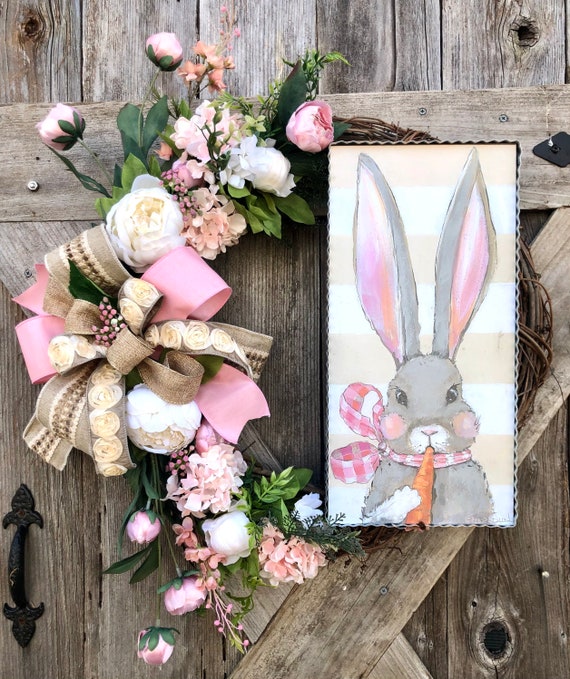 Welcome Spring BUNNY Easter Wreath with burlap ribbon, easter decor, door wreath, spring wreath