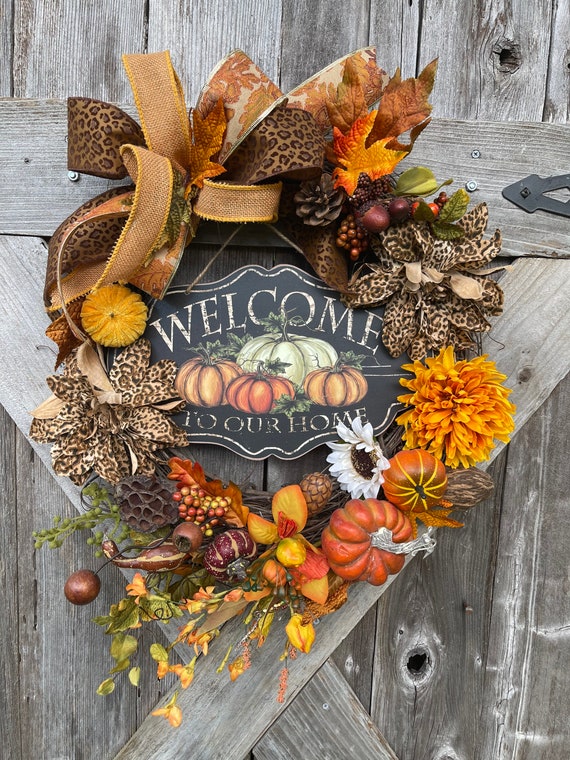 FALL PUMPKIN WREATH, Fall burlap bow grapevine cheetah accent wreath, welcome to our home pumpkin sign