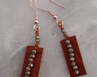 Women's leather and beads earrings, recycled leather earrings, green, handmade earrings