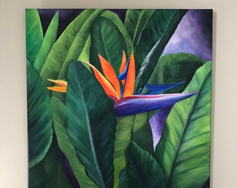 Bird of Paradise Original Acrylic Painting 24" x 24" canvas, ready to hang. Tropical floral home decor