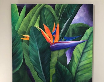 Bird of Paradise Original Acrylic Painting on 24" x 24" canvas, ready to hang