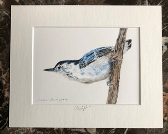 White Breasted Nuthatch Original Acrylic Painting, cute bird painting, woodland critter art, forest themed art, song bird, 8" x 10" matted