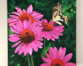Tiger Swallow Tail and Coneflowers original acrylic painting, 20" x 20" ready to hang.