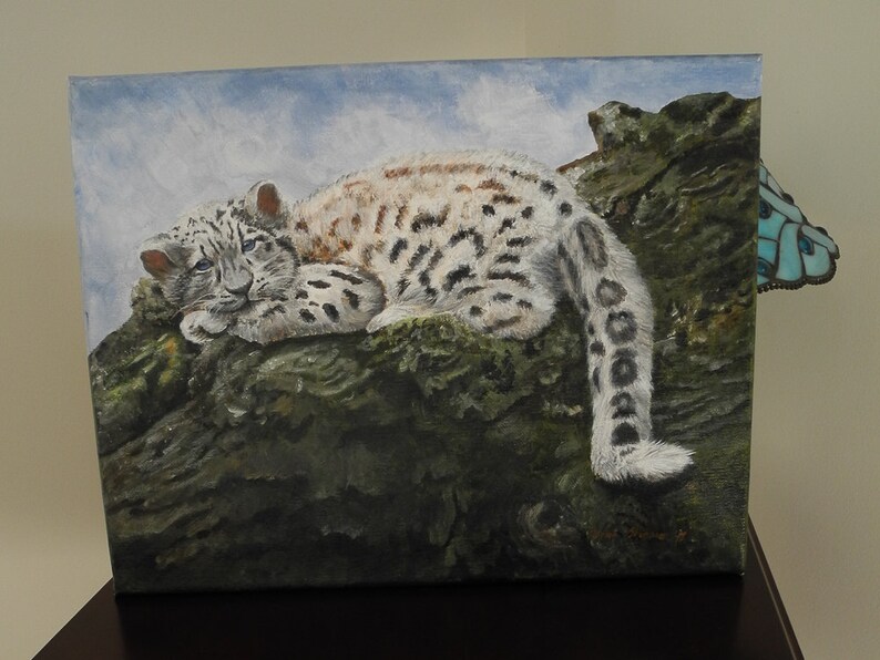 Baby Snow Leopard Original Acrylic Painting, Cute Baby Animal Art