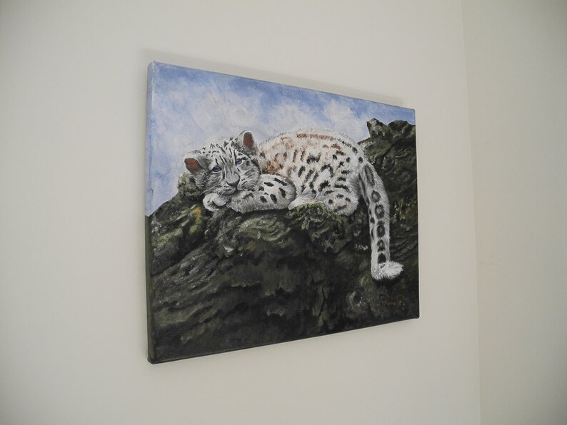 Baby Snow Leopard Original Acrylic Painting, Cute Baby Animal Art
