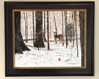 Deer in the forest painting, ice storm art, woodland critter art, forest critter art, realism art, acrylic painting, home decor, wildlife