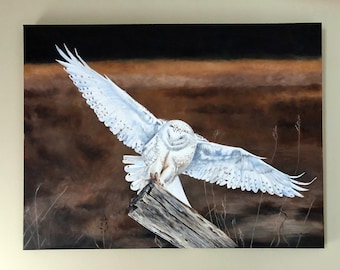 Snowy Owl Original Acrylic Painting, owl art, landscape art, Wildlife art, bird art, raptor art, 18" x 24" canvas