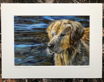 Golden Retriever art print, wet golden retriever, golden dog art, wet dog art, water art, fun animal art, realism dog art, pet art, blue art