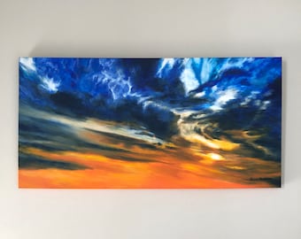 Blazing Sunset Original Acrylic Painting, 12" x 24" ready to hang, Sky painting, cloud art, colorful art