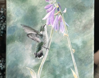 Hummingbird original acrylic painting, female Ruby Throated Hummingbird art, nature art, beautiful bird art, serenity art, floral art