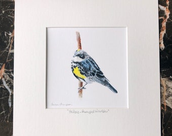 Yellow-Rumped Warbler art, original warbler art, small bird art, woodland themed art, nature art, forest themed art, cute critter art