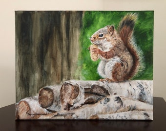 Red squirrel original acrylic painting, woodland critter art, forest themed art, cute animal art, squirrel art, animal home decor, wall art