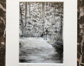 Deer in the woods black and white print, woodland animal art, forest themed art, cabin art, cute animal art, gift for him, 8" x 10" matted