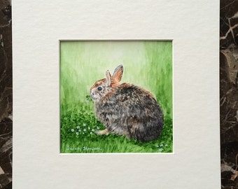 Bunny Painting, nursery art, spring art, cute animal art, rabbit art, bunny eating clovers, woodland critter art, forest critter art