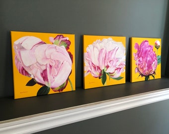 Pink Peony paintings in acrylics on canvas, vivid color flower art, bright yellow and pink art, flower art for the home, square flower art
