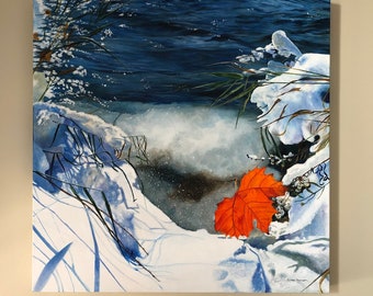 Winter Landscape Original Acrylic Painting, Winter art, Beautiful Canadian Art, Red Leaf Art, Art for the office, 24" x 24"