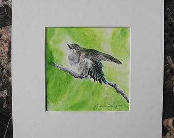 Hummingbird print, bird art, square art, gift for her, baby shower gift, woodland nursery decor, art for new mom, 9" x 9" matted