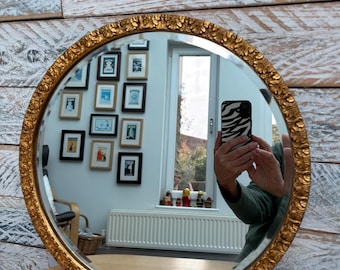 Vintage Round Gold Resin & Wood Ornate Rococo Acanthus Leaf Bevelled Glass Mirror