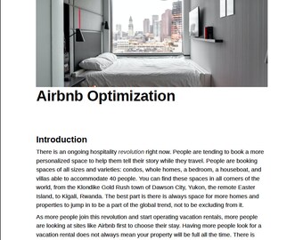 May include: A modern hotel room with a bed, a window with a view of a city skyline, and a shelf with a TV and a lamp. The text "Airbnb Optimization" is displayed in a large font at the bottom of the image.