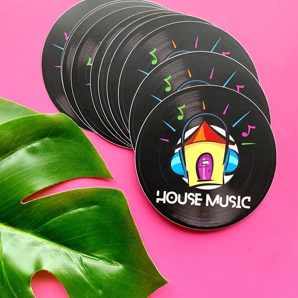 Pegatina de vinilo circular de 3 pulgadas con música house, ideal como regalo para amantes de la música, accesorios para diario basura.
