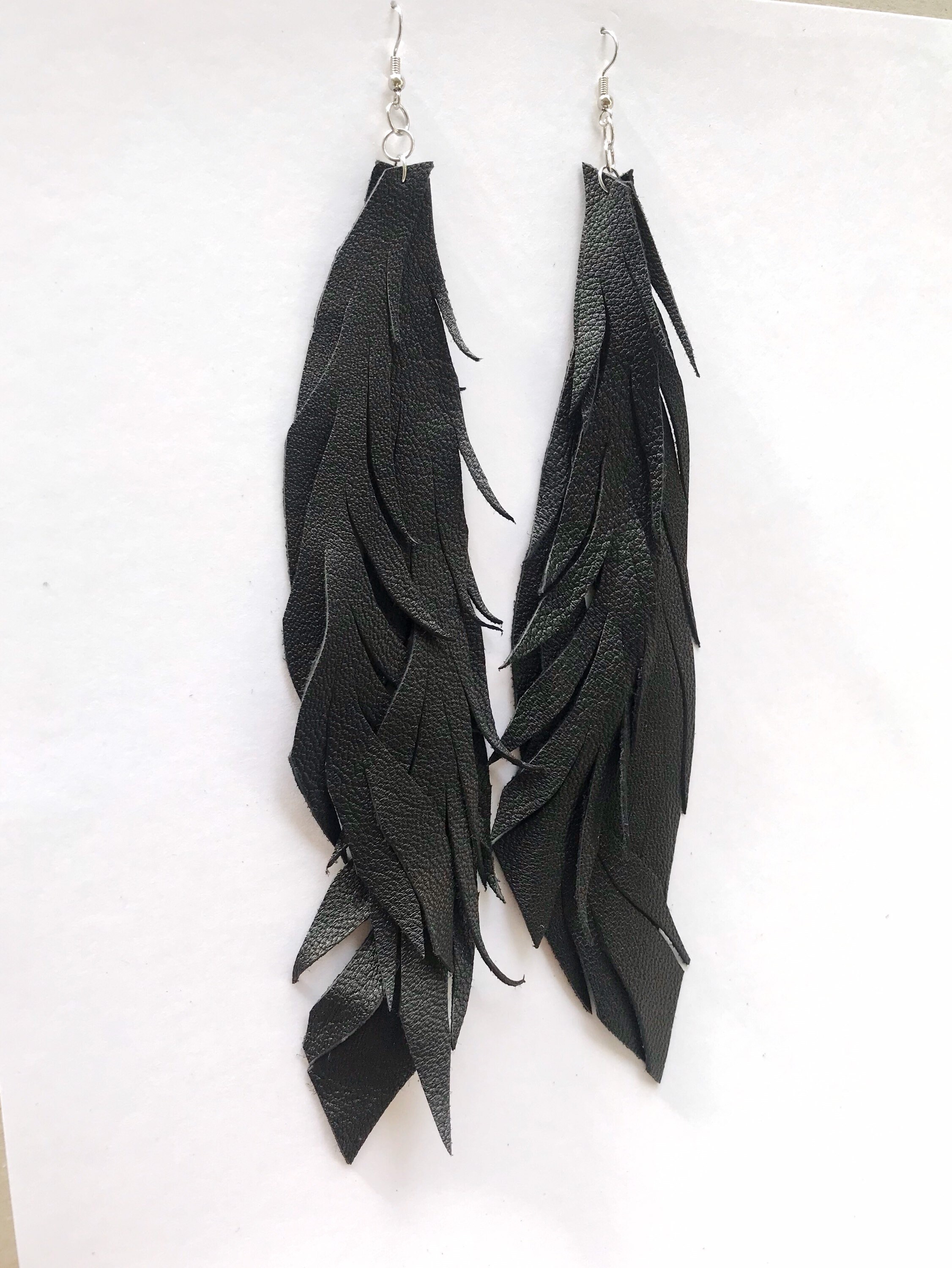 Black Leather Earrings Fringe Earrings Handmade Earrings Leather Statement Earrings Long leather earrings