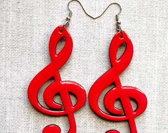 Wood Earring Treble Clef Music Symbol Gifts for Music Lovers Red Earring