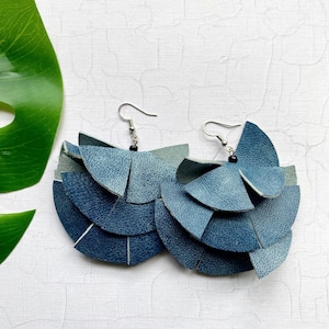 Dangle Leather Earring Three Layer Blue Denim Leather Earring Shredded