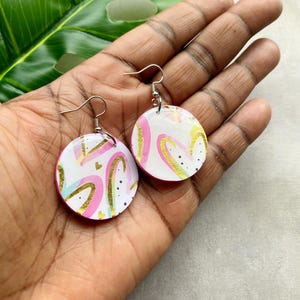 Artsy Colorful Hearts Small Sized Circle Wood Dangle Earrings Mixed Media Jewelry