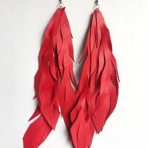 Leather Feather Dangle Earrings Red| Long leather Earrings| Boho Statement Earrings| Hippie Earrings| Festival Style