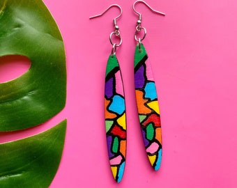 Stained Glass Style Long Oval Shaped Earrings Colorful Wood and Resin Earrings