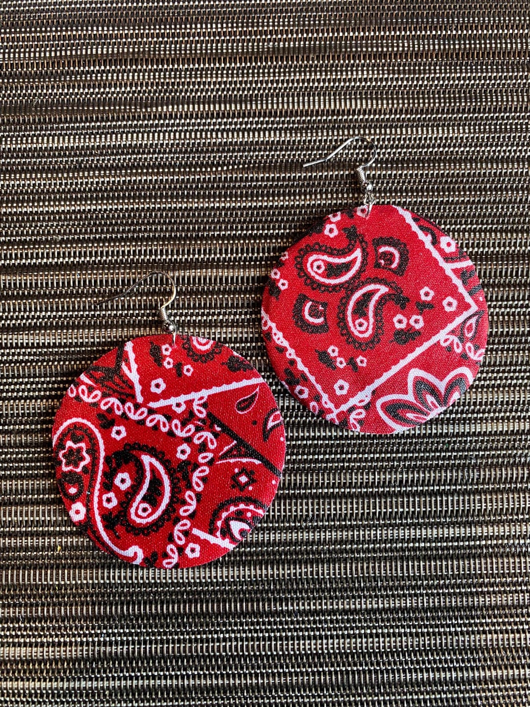 Red, Black, & White Bandana Print Fabric Dangle Earrings Medium Size