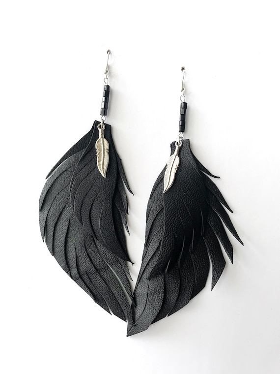 Leather feather earrings Black Leather Earrings Genuine Leather Earrings Dangle Earrings Lightweight Long Earrings