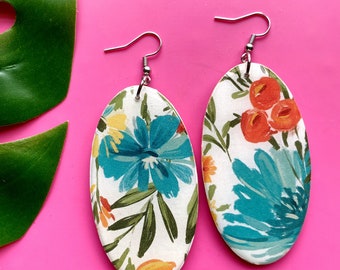 Turquoise and Tangerine Flower Print | Medium Size Oval Earrings | Decoupage Jewelry | Resin