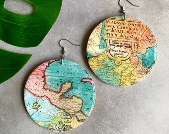 Travel Map Earrings| Large Circle Earrings| Geometric Earrings| Travel Style Jewelry| Wanderlust Jewelry| Gifts for Explorers