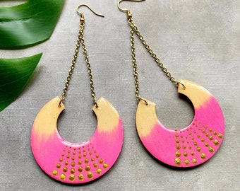 Hand Painted Pink Cream & Gold Wood Earrings Long