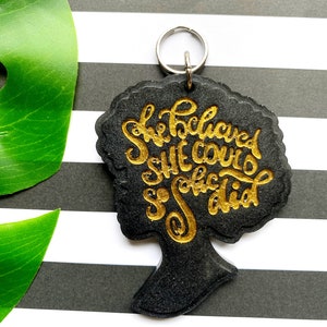 Afro Dame Harz Schlüsselbund Kunst Schwarz und Gold Zubehör Tasche Zipper Pull