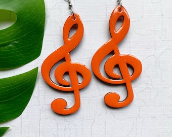 Treble Clef Wood Earrings Music Symbol Gifts for Music Lovers Orange