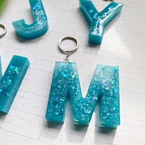 Ocean Blue Glitter Resin Keychain Art | Letter Keychain |