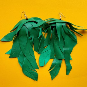 Dangle Earrings| Shredded Leather Earrings| Long Earrings | MBTLR 365 Earring Collection #162 Green Goodness