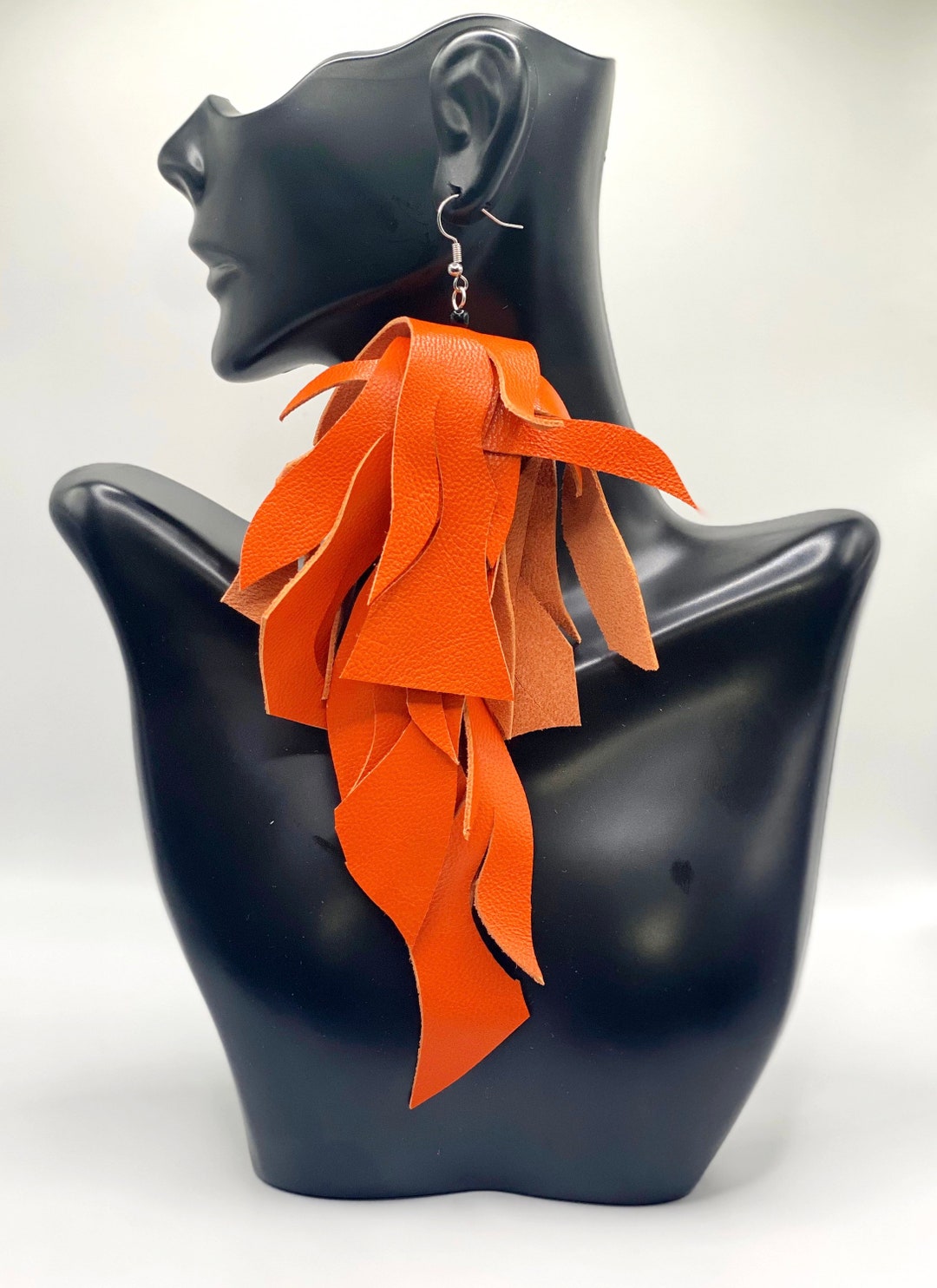 Shredded Leather Earrings Orange Leather Earrings Leather Dangle