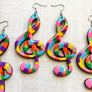Multicolor Music Symbol Lightweight Earrings Hand-painted EarArt Music Lover Concert Earrings Treble Clef
