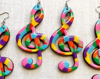 Multicolor Music Symbol Lightweight Earrings Hand-painted EarArt Music Lover Concert Earrings Treble Clef