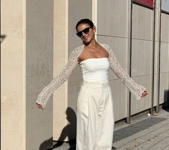 White Wedding Handknitted Shrug • Bridal Bolero • Bridal Cover up Shrug •  White Shrug • Handmade Wedding Coverup • Long Sleeve Bolero-MB05B