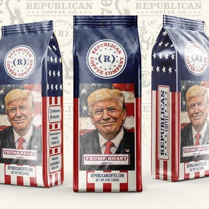 May include: Three coffee bags featuring a red, white, and blue American flag design. Each bag displays a portrait of Donald Trump, the text 'TRUMP ROAST', and the 'REPUBLICAN COFFEE COMPANY' logo. The packaging states 'NET WT 12OZ (340G)'.