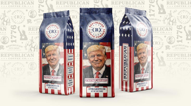 May include: Three coffee bags featuring a red, white, and blue American flag design. Each bag displays a portrait of Donald Trump, the text 'TRUMP ROAST', and the 'REPUBLICAN COFFEE COMPANY' logo. The packaging states 'NET WT 12OZ (340G)'.