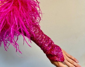 CLEARANCE:Ostrich Feather Sequin Glovettes - Drag / Burlesque Costume Gloves