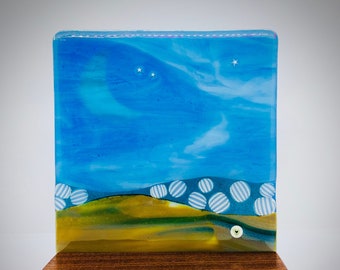 Handmade Glass Quarter Moon Panel handmade kilnformed glass and set in walnut stand. "Misty Moon" 6"x6"