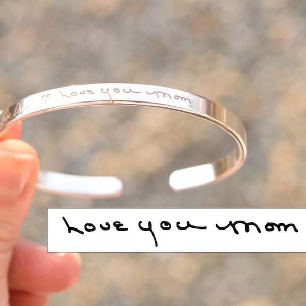 Pulsera personalizada de plata de ley 925 maciza con texto escrito a mano o firma (estrecha, 5 mm de ancho)
