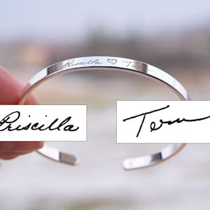 Pulsera personalizada de plata de ley 925 maciza con texto escrito a mano o firma (estrecha, 5 mm de ancho)