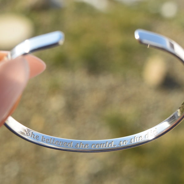 She believed she could so she did, Sterling Silver 925, Motivational, Inspirational, Graduation Gift, Uplifting Hammered Engraved Bracelet